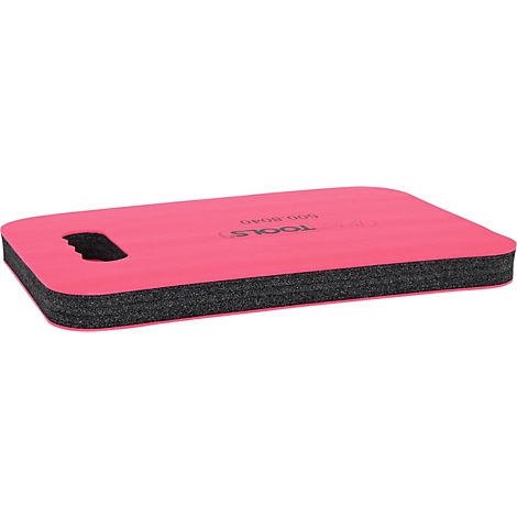 Rosa Knieschutzmatte mit Griff, schwarzer Schaumstoffrand, Text.